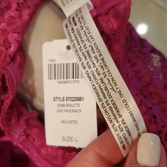 SOMA 💖NWT💖 Size Large Bralette Lace Racerback "Magenta" Color! 💖💖💖 - Picture 12 of 13